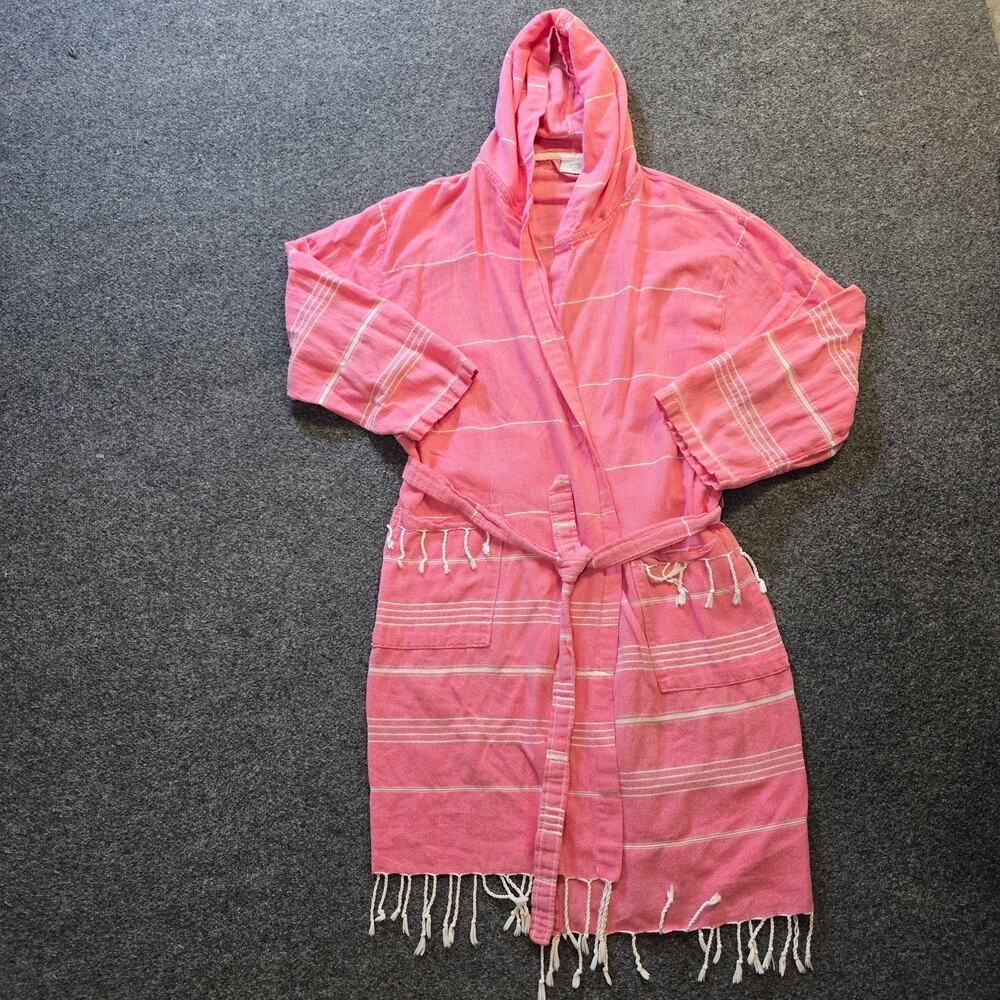 Cacala Jacket Womens Size Medium Pink Striped Hooded Belted Fringe Pool Resort